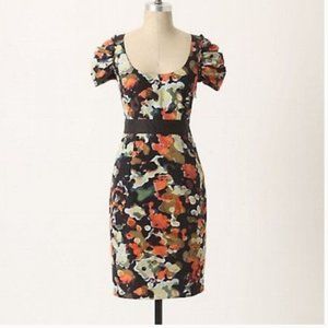 Anthropologie Black Floral Mini Dress with Orange, White, Green Accents